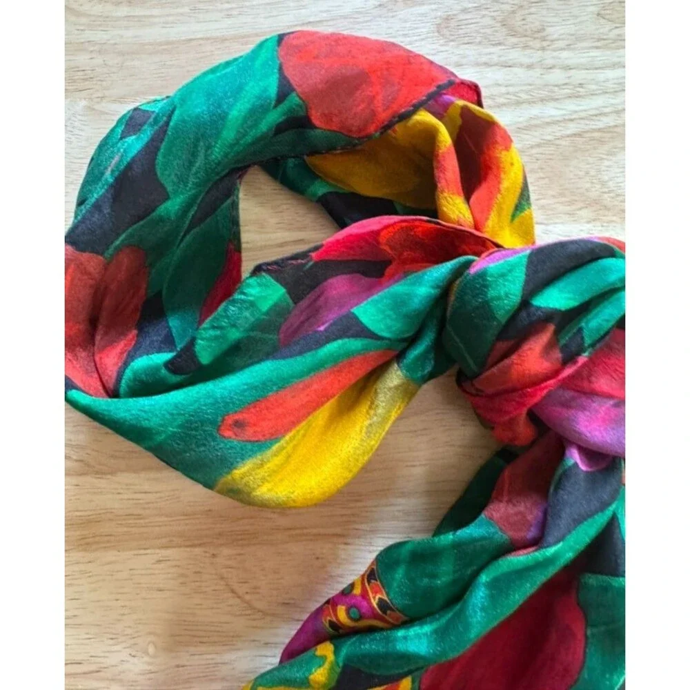 Vintage 1989 Liz Claiborne 100% Silk Scarf Bold Abstract Floral Jewel Tone 52x10
